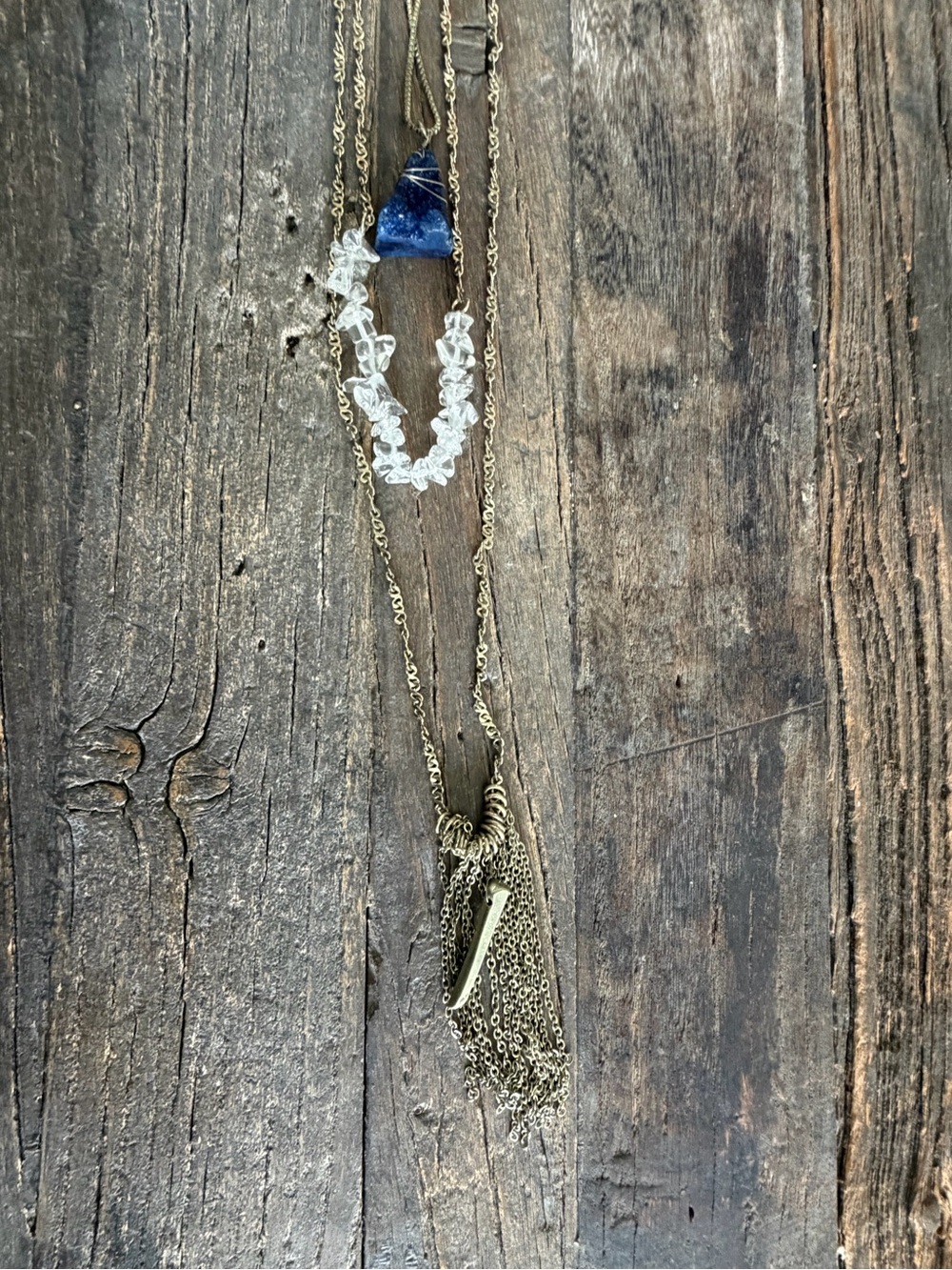 Layered Blue Stone and Clear Bead Pendant Necklace with Brass Tassel